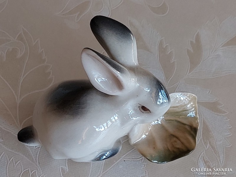 Old Zsolnay porcelain bunny rabbit with lettuce leaves