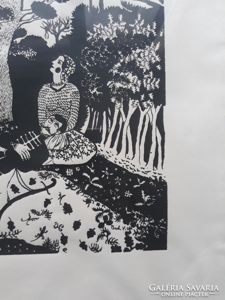 Berki viola: couple of people under the tree - original signed woodcut or screen print