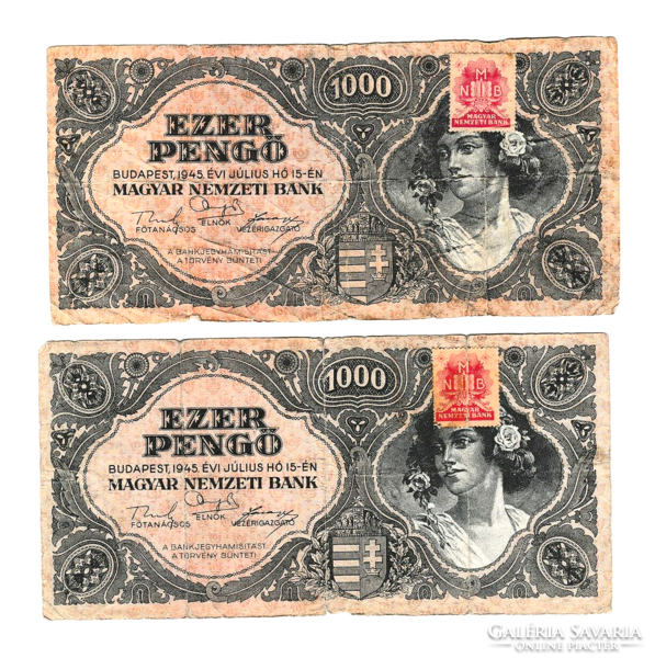 1945 - Ezer Pengő bankjegy - 2 db -  F 018 és F 057 -  piros dézsmabélyeggel