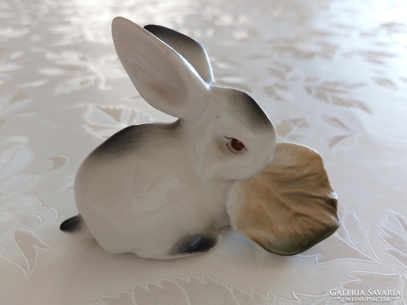 Old Zsolnay porcelain bunny rabbit with lettuce leaves