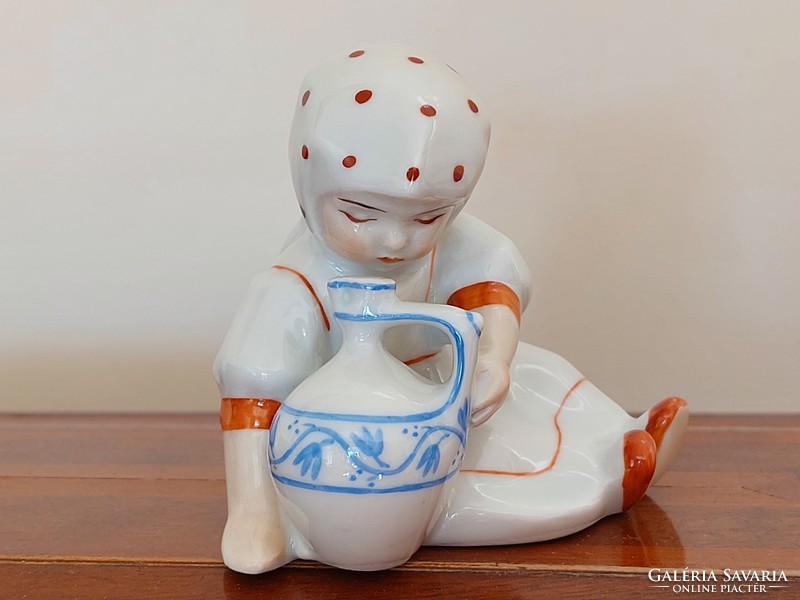 Old zsolnay porcelain jug girl with polka dot shawl