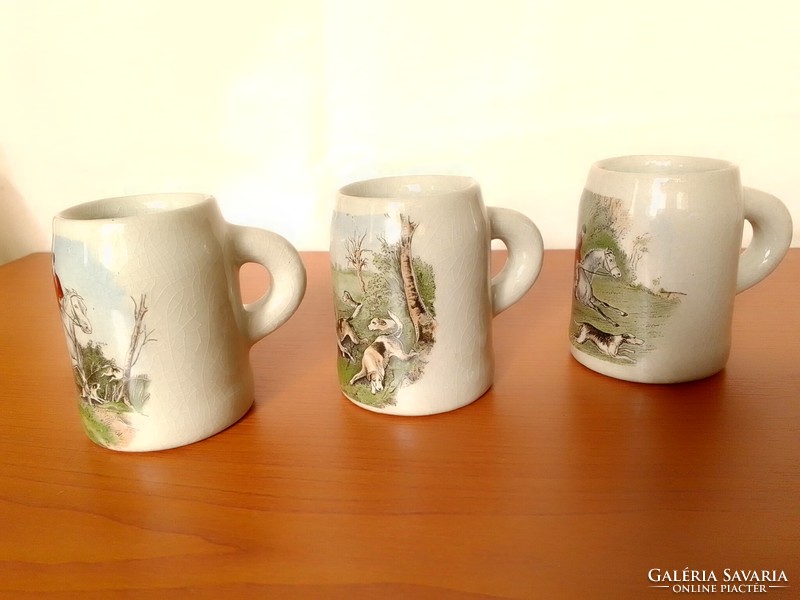 Six mini ceramic gray stoneware jugs, small jugs with hunting scenes of English horses and dogs