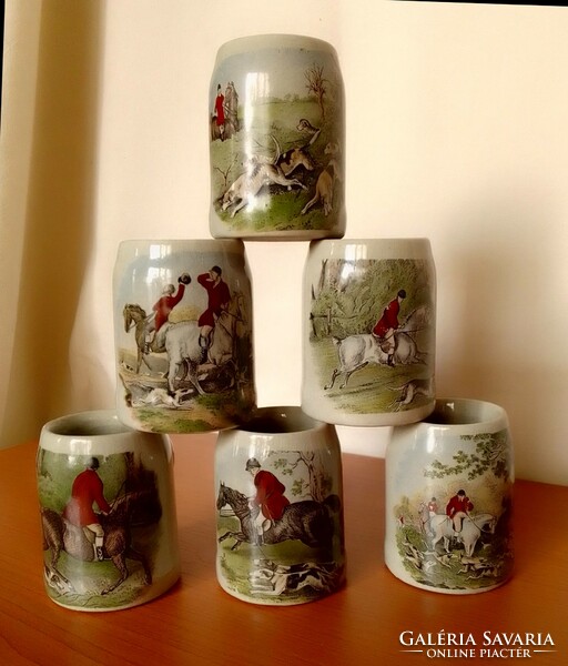 Six mini ceramic gray stoneware jugs, small jugs with hunting scenes of English horses and dogs