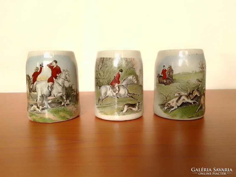 Six mini ceramic gray stoneware jugs, small jugs with hunting scenes of English horses and dogs