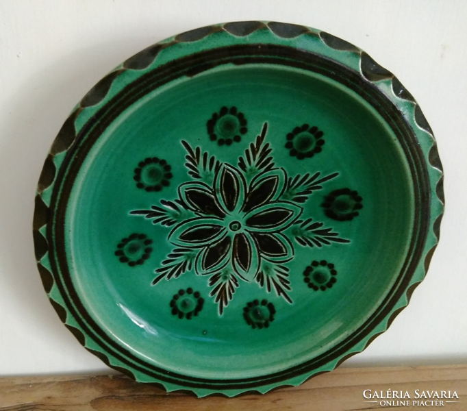 Green glazed ceramic wall bowl, wall decoration, marked