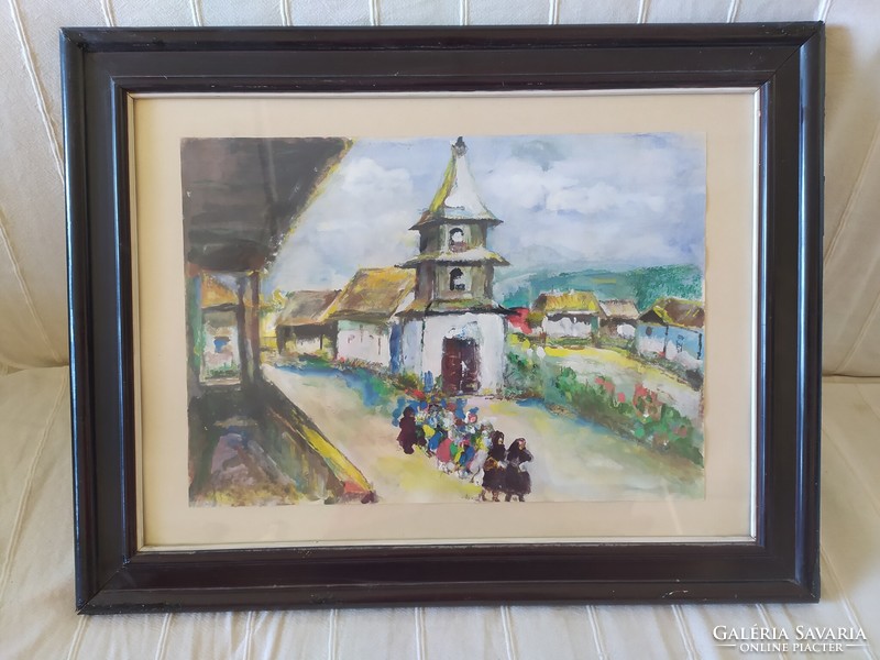 BODÓ SZIGNÓVAL: FESTMÉNY EREDETI ÜVEGEZETT KERETÉBEN, 60x48 CM