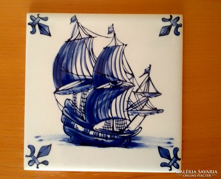 Blue and white hand painted old Dutch ceramic faience decorative tile sailing ship royal goedewagen