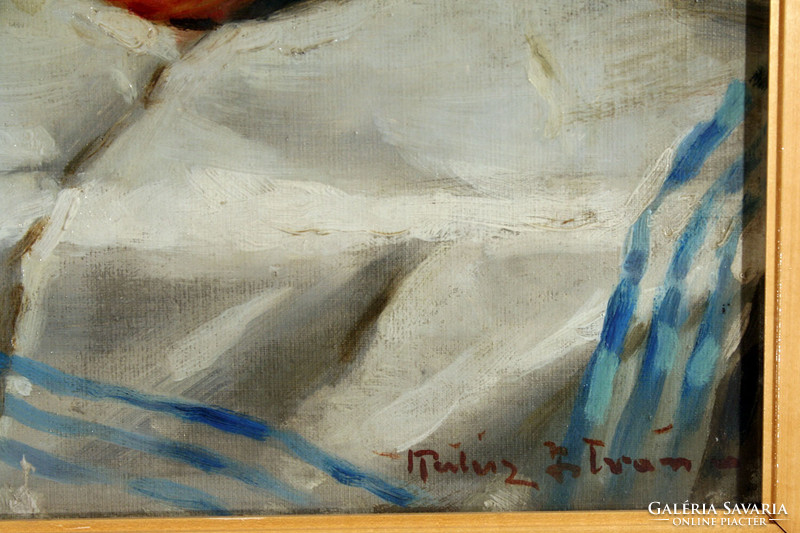 Kertész István (1910-)  Asztali Csendélet 69x68cm | Almával Kosárral Fehér Kék Abrosz
