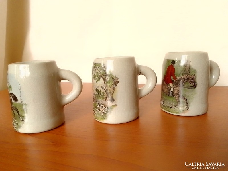 Six mini ceramic gray stoneware jugs, small jugs with hunting scenes of English horses and dogs