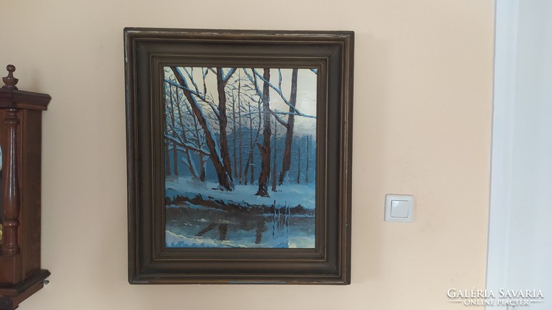 (K) Téli erdő tájképfestmény 59x71 cm