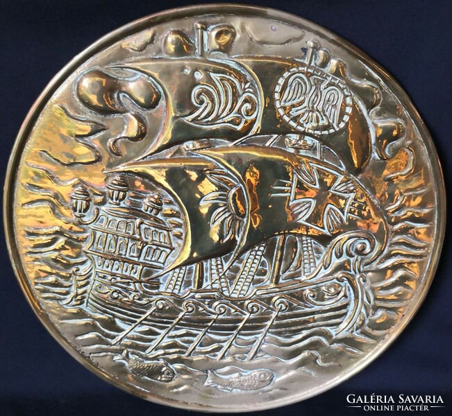 Dt/156 - huge, dramatic, embossed copper decorative wall bowl - boat scene