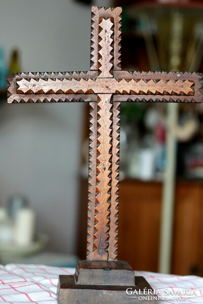 Hand-carved wooden crucifix, cross, tramp art, carpentry work of a Transylvanian Saxon wanderer