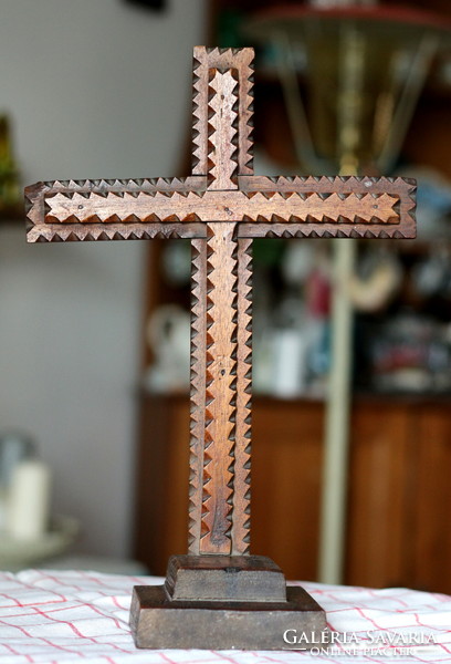 Hand-carved wooden crucifix, cross, tramp art, carpentry work of a Transylvanian Saxon wanderer