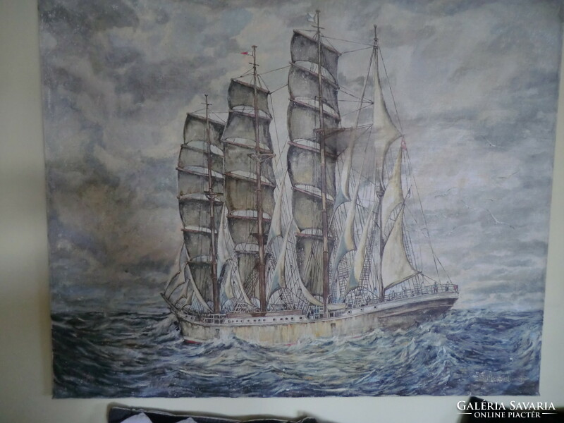 Antique painting giant size sailing ship on the ocean 80x100 cm signed