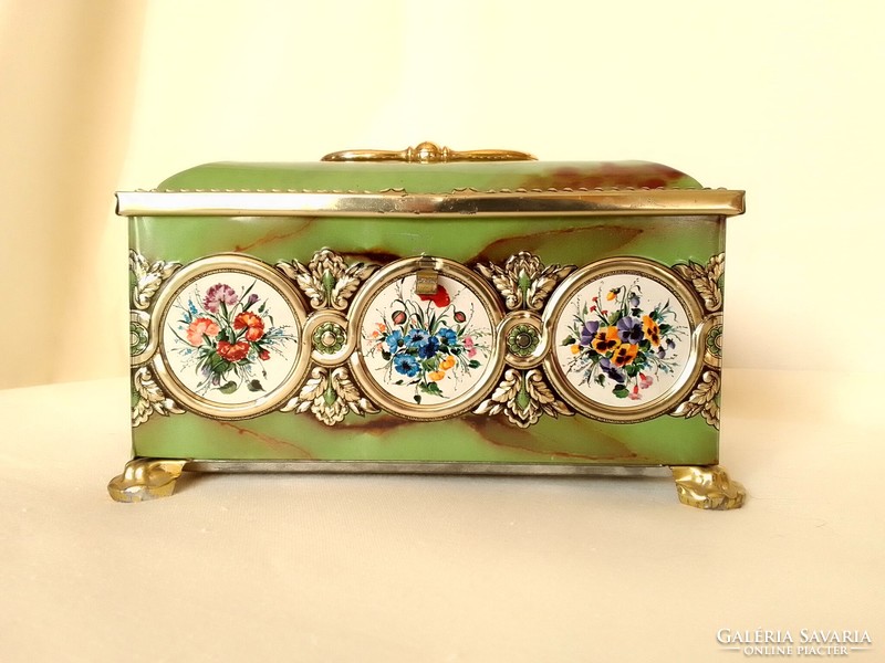 Vintage metal praline box chest bushing medallion floral pattern pansy carnation cornflower delitzscher