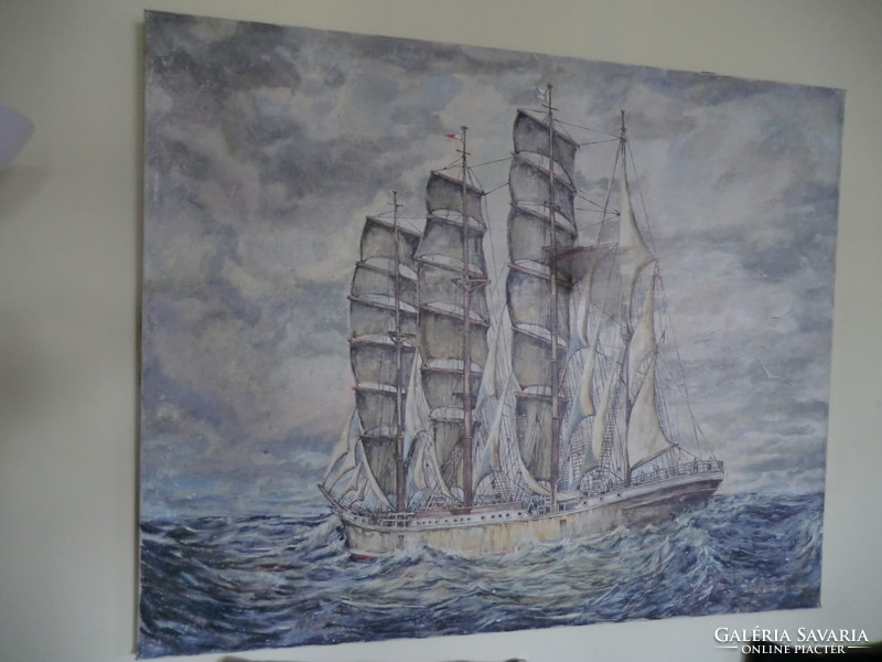 Antique painting giant size sailing ship on the ocean 80x100 cm signed