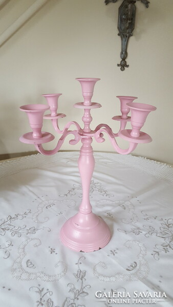 Pink, five-branched metal candle holder