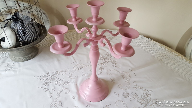 Pink, five-branched metal candle holder