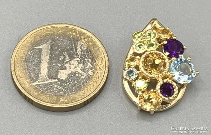 Mesès amethyst, some topaz, citrine, peridot gemstone cross pendant, 14k gold-plated, marked 925