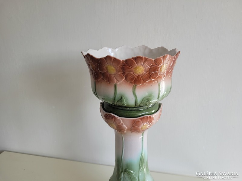 Régi szecessziós stílusú 60 cm es virágtartó majolika kaspó és állvány tartó talpas kaspó