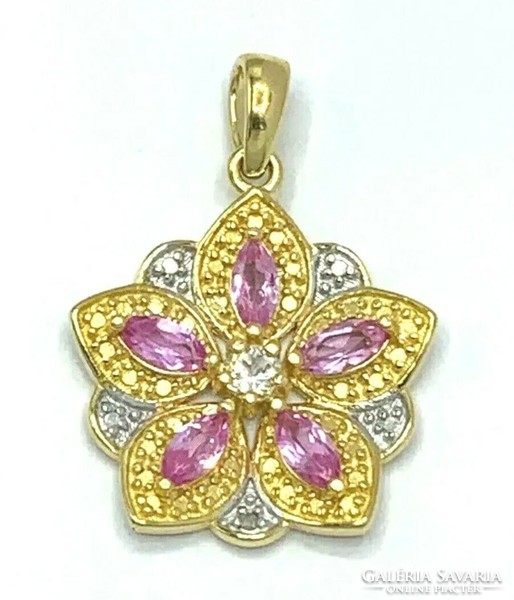 Wonderful rose topaz, diamond gemstone silver pendant, 14k gold plated, marked 925