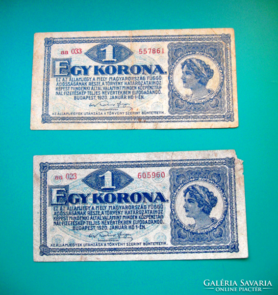 1 Korona - 1920 január 1.  Budapest  - 2 db -  sorozat: aa 023, aa 033