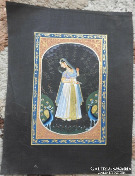 Goddess among peacocks - Indian silk painting