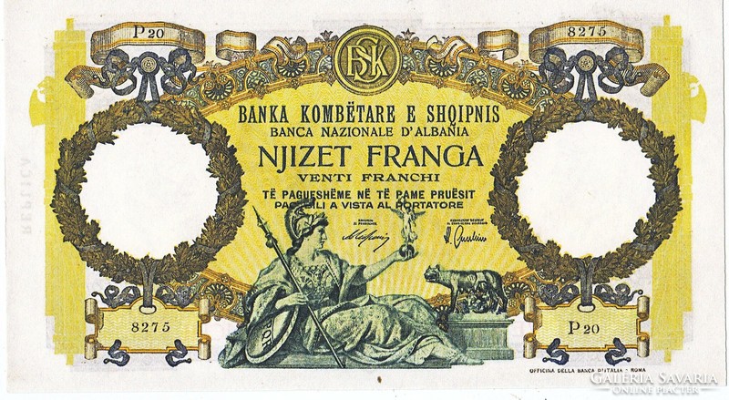 Albania 20 francs 1939 replica unc