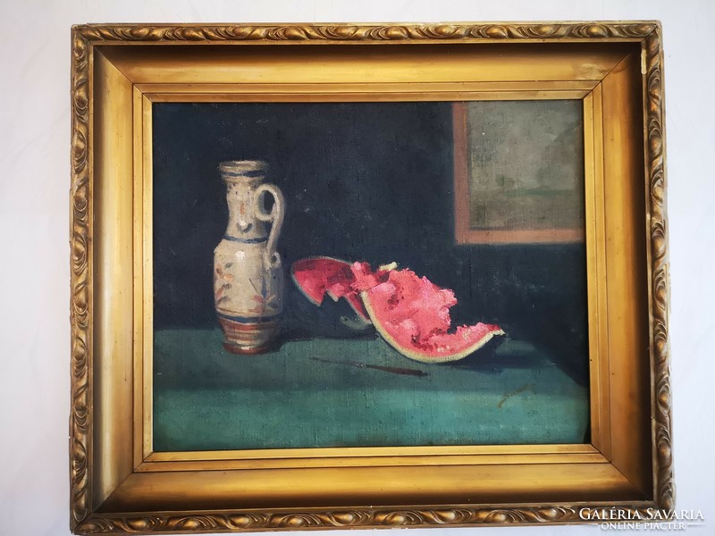 Beautiful table still life oil on canvas painting with melons, goblet theme, good quality