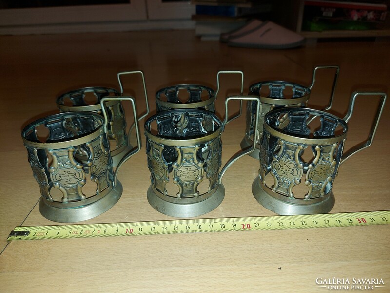 6 db orosz, ezüstözött teáspohár-tartó, pohár átmérője 7 cm maximum