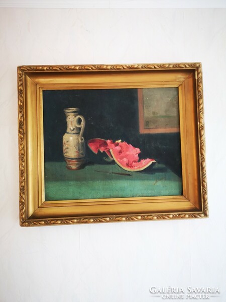 Beautiful table still life oil on canvas painting with melons, goblet theme, good quality