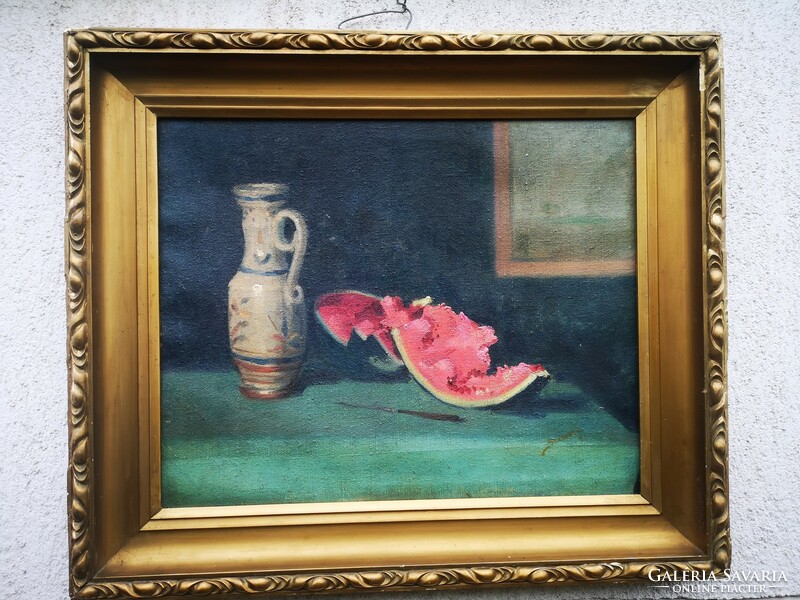 Beautiful table still life oil on canvas painting with melons, goblet theme, good quality