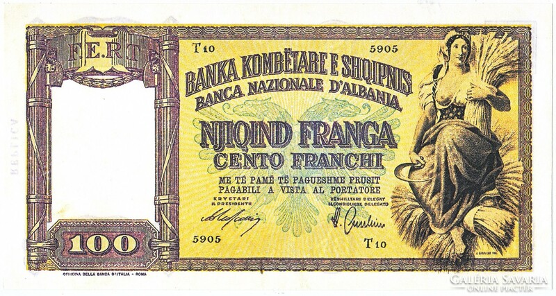 Albania 100 francs 1940 replica unc