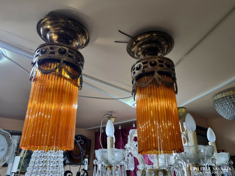 2 old renovated hanging lamps with glass rods