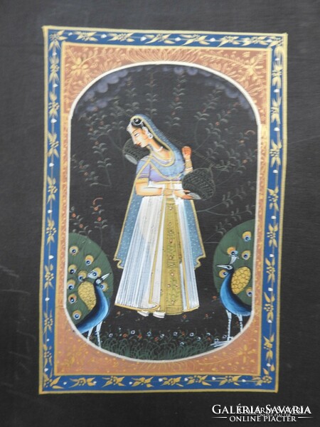 Goddess among peacocks - Indian silk painting