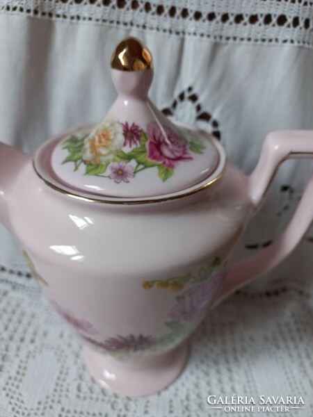 Rózsaszín pillangós, virágos cseh porcelán kanna