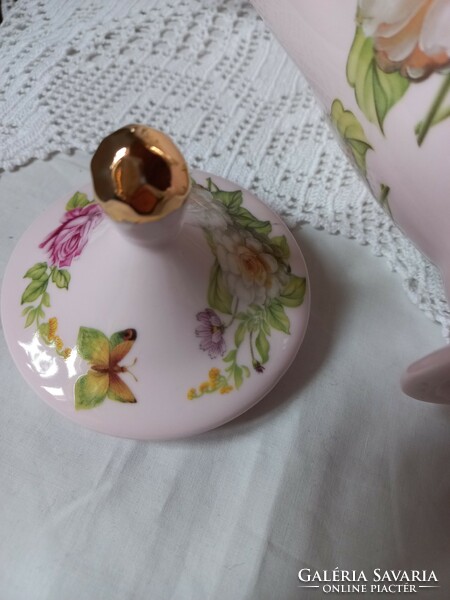 Rózsaszín pillangós, virágos cseh porcelán kanna