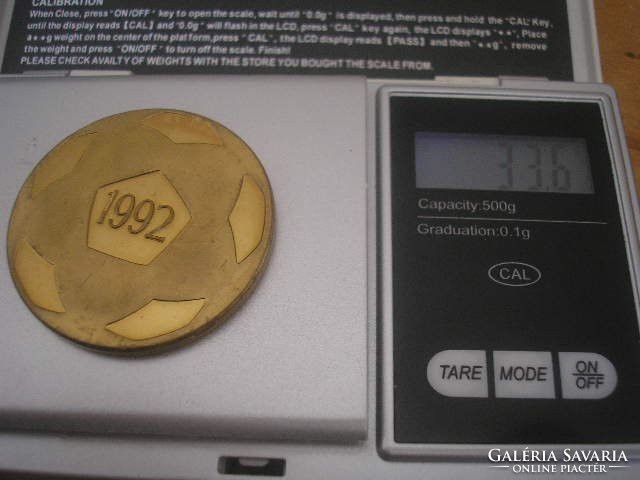 Solid gold-plated Västergötlads fotbollförbund thick 1992 commemorative coin for sale 33.6Gr