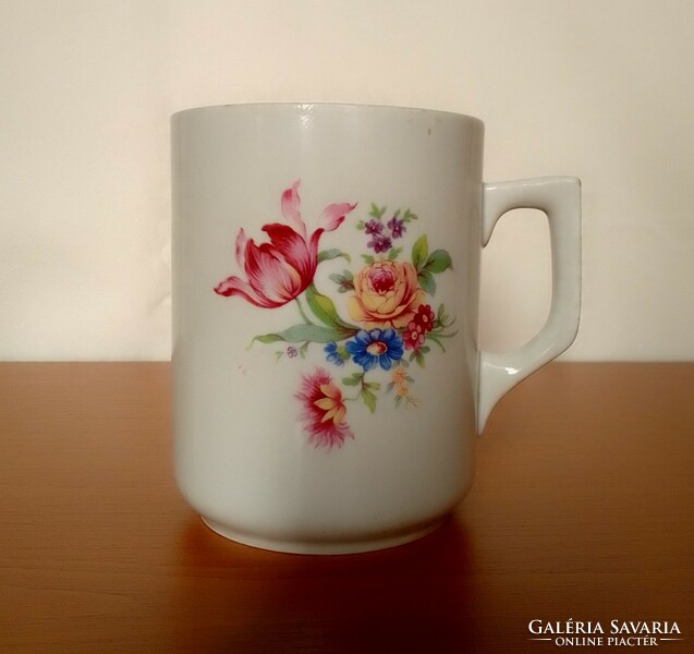 Antique old floral Zsolnay porcelain mug cup glass, tulip rose, marked, shield seal