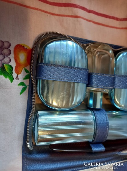 Retro blue vanity case for storing travel toiletries