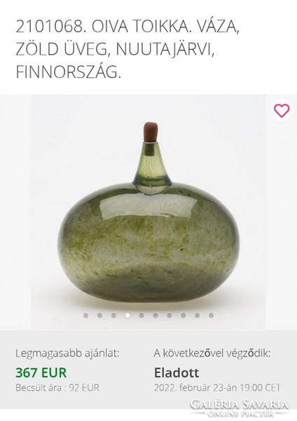 Ritka OIVA TOIKKA NUUTAJÄRVI ﻿finn különleges színvilágú zöld üvegmunka, váza, 1980-as évek.
