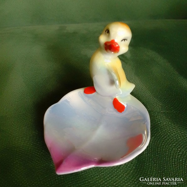 Antique old porcelain duckling leaf bowl ring holder lovely cheerful nipp display case marked foreign