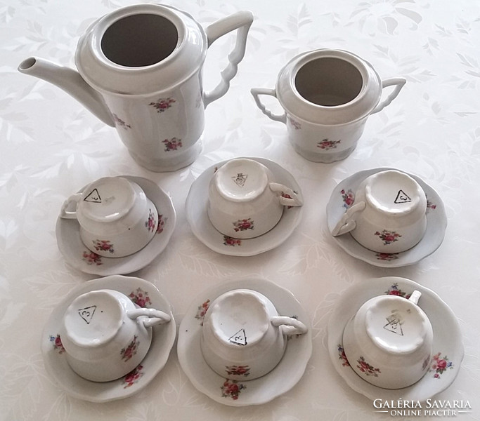 Régi Zsolnay porcelán rózsás kávés készlet csésze kiöntő cukortartó 14 db