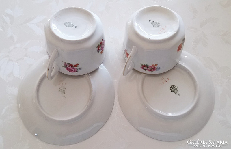 Old Zsolnay porcelain cup with rose pattern, vintage tea mug 2 pcs