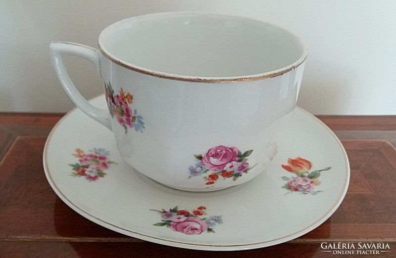 Old Zsolnay porcelain cup with rose pattern, vintage tea mug 2 pcs