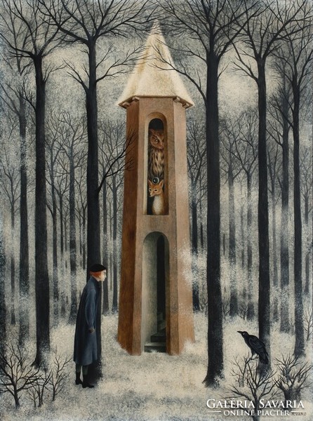 Remedios varo truancy reprint print, dream world fantasy fairy tale forest tower fox owl crow