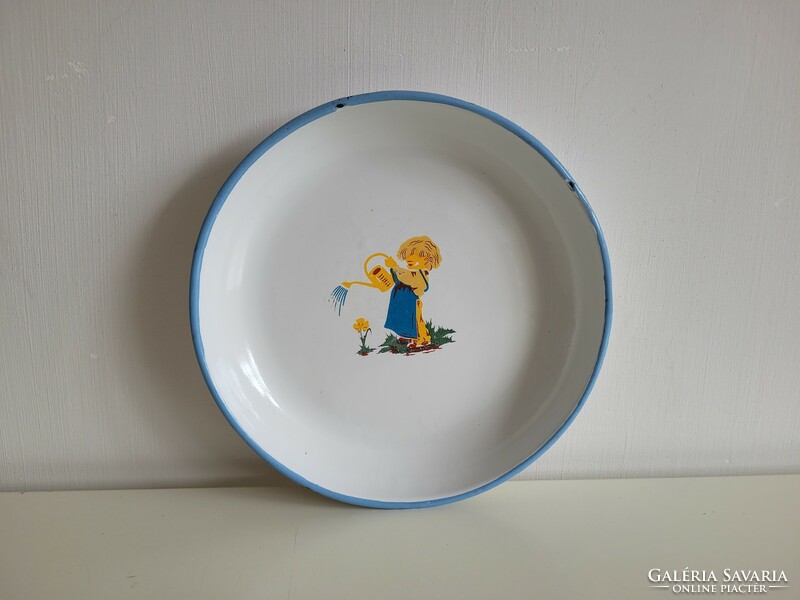 Old vintage large 27 cm enamel bowl tray enameled Bonyhádi gardener children's retro plate