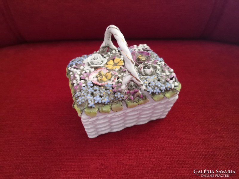 Unique, handmade, antique, covered-basket-shaped porcelain jewelry holder, box