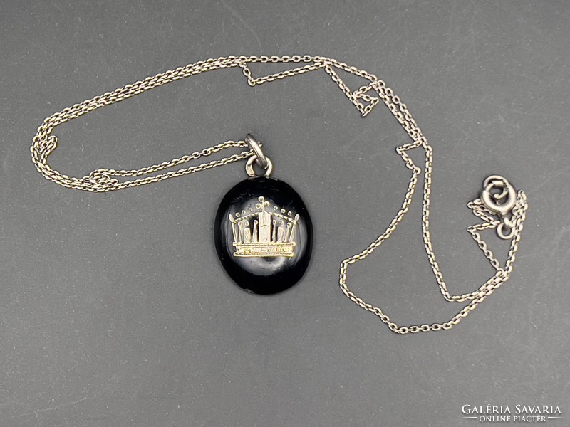Magyar koronás ezüst antik elegáns magasfényű zománc medál és lánc