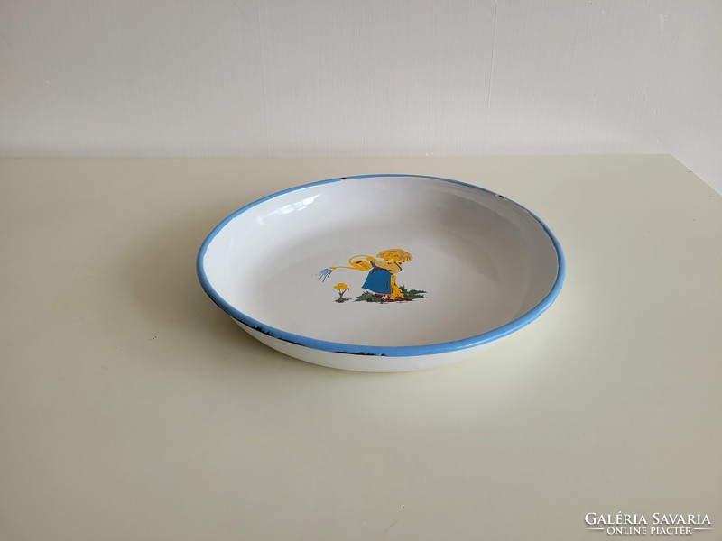 Old vintage large 27 cm enamel bowl tray enameled Bonyhádi gardener children's retro plate